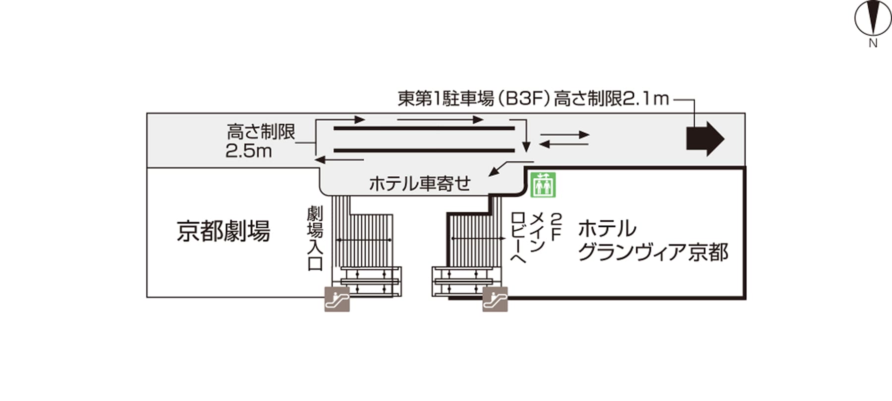 ホテルグランヴィア京都1階のフロアマップ。車寄せ、京都劇場、駐車場への入り口が描かれています。