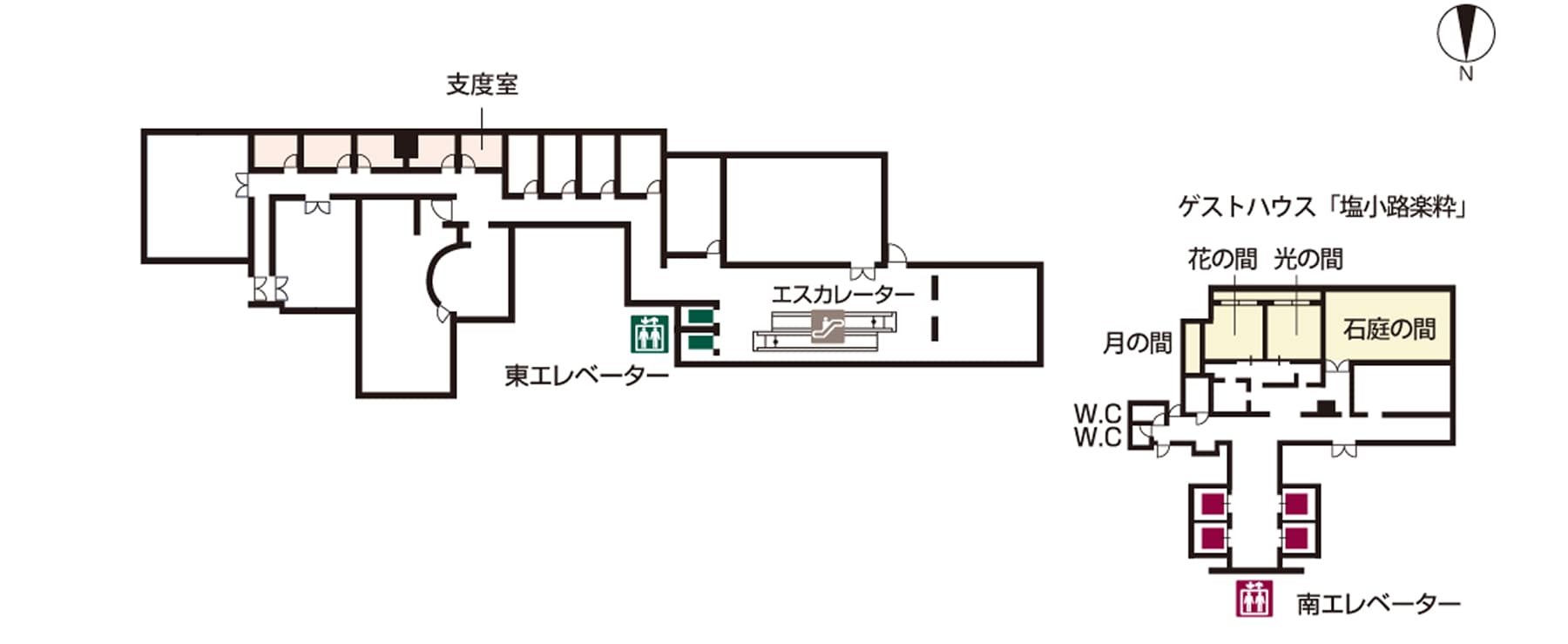 ホテルグランヴィア京都6階のフロアマップ。ゲストハウス「塩小路楽粋」や支度室などが示されています。