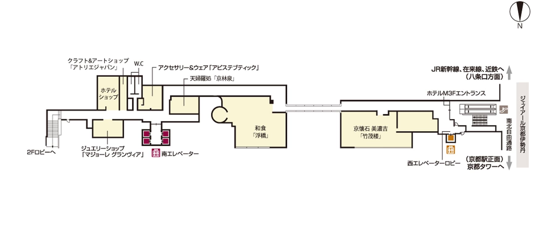 ホテルグランヴィア京都M3階のフロアマップ。レストランやショップ、JRへの通路が描かれています。