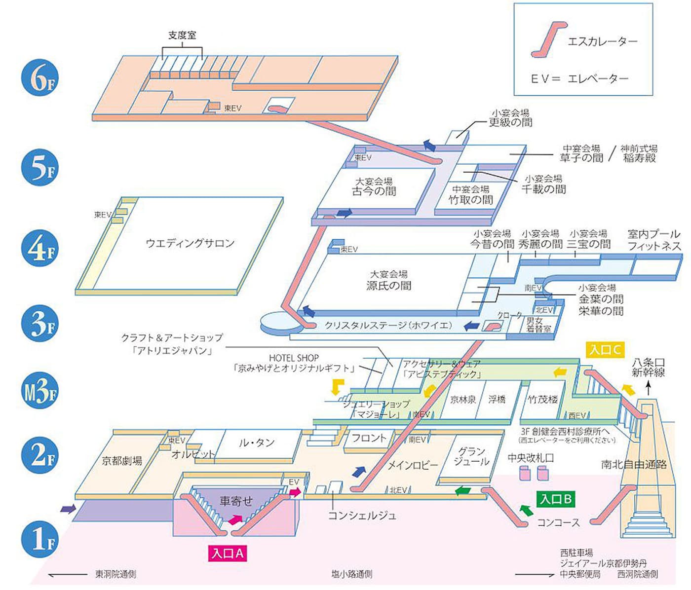 2階はフロント、メインロビー、および中央口直結の入口がある。3階〜5階:は宴会場（源氏の間、古今の間、竹取の間など）やチャペル、会議室が配置されている。6階は複数の支度室が並んでいる。各フロアはエスカレーターとエレベーターで結ばれており、主要施設への動線が俯瞰できる構成である。
