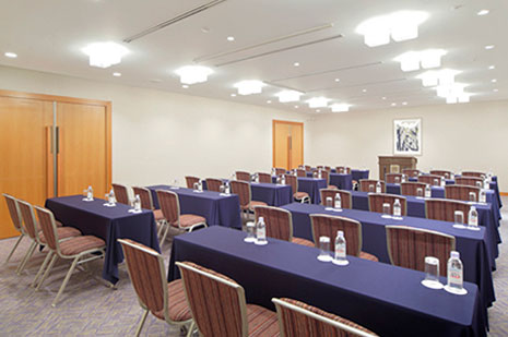 明るい照明の、青いテーブルクロスがかけられたテーブルがスクール形式（向かい合わせ）に配置された会議室