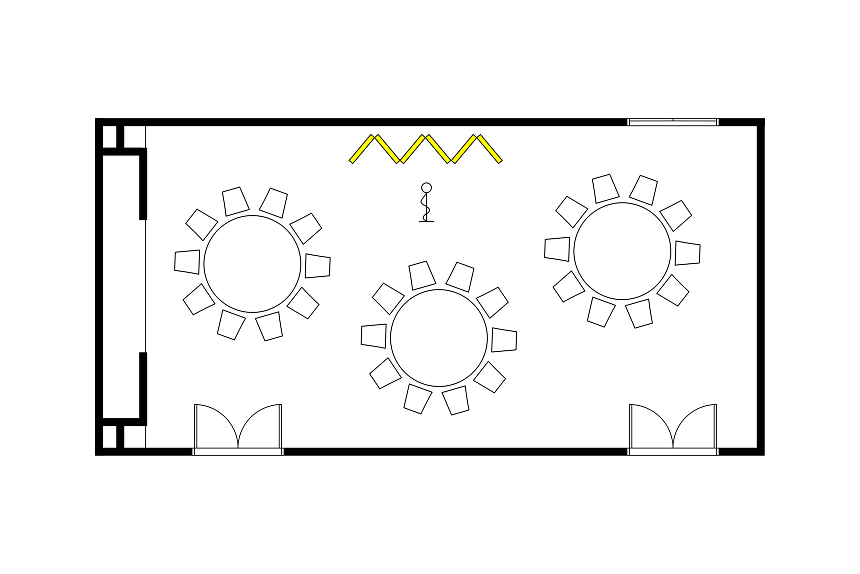 3つの円卓と椅子が配置された宴会場のレイアウト図。