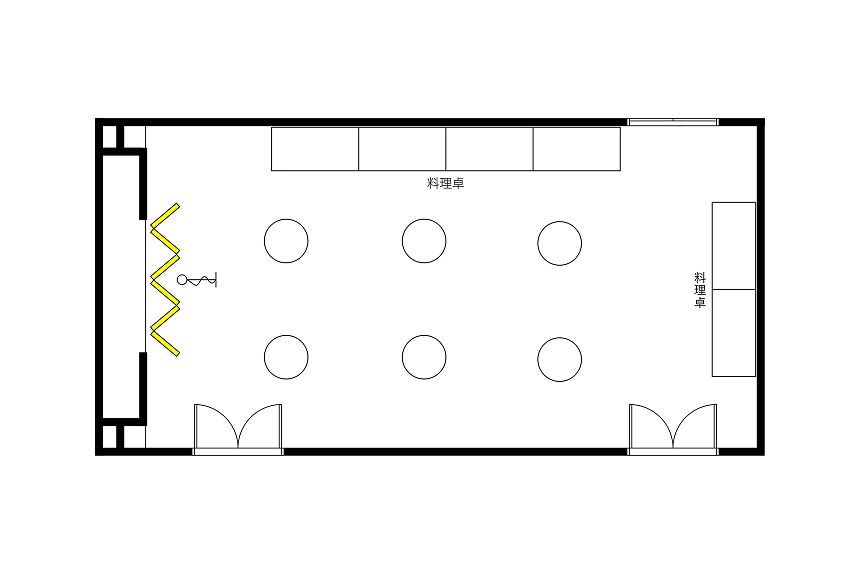 ビュッフェ形式に設営された宴会場のレイアウト図。