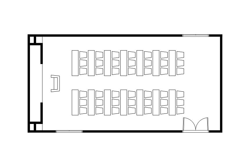 スクール形式に設営された宴会場のレイアウト図。