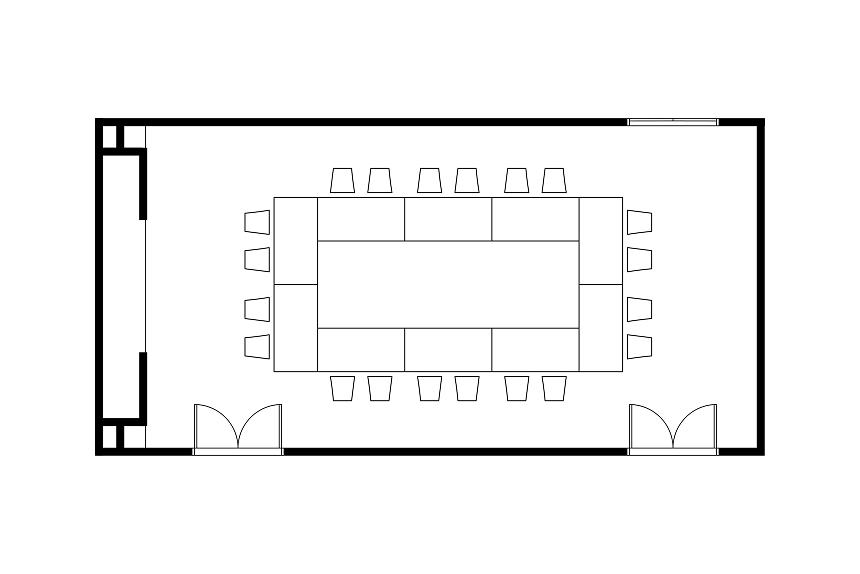 ロの字型にテーブルが配置された会議室のレイアウト図。