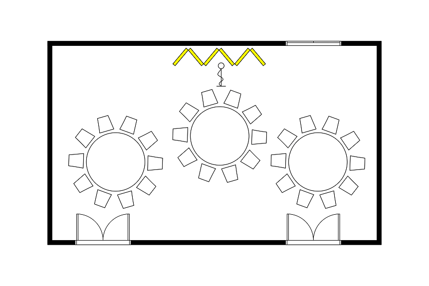 3つの円卓と椅子が配置された宴会場のレイアウト図。