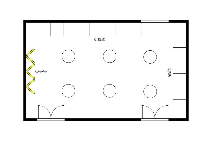 ビュッフェ形式に設営された宴会場のレイアウト図。