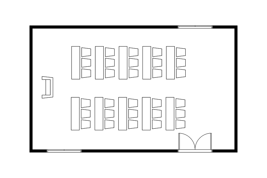 スクール形式に設営された会議室のレイアウト図。