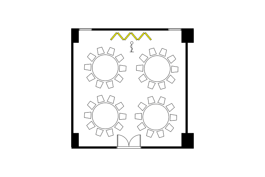 4つの円卓と椅子が配置された宴会場のレイアウト図。