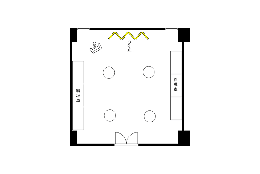 ビュッフェ形式に設営された宴会場のレイアウト図。