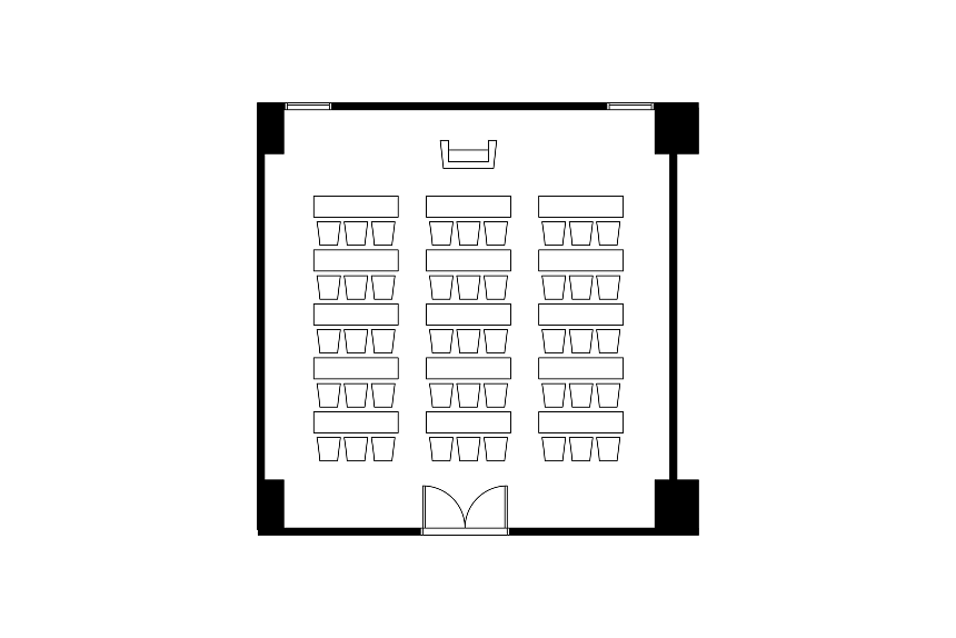 スクール形式に設営された会議室のレイアウト図。