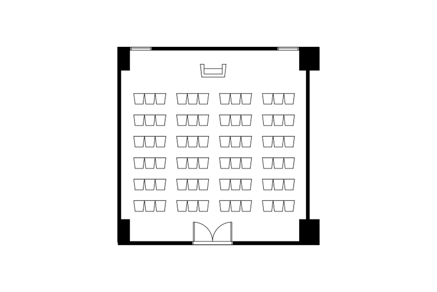 シアター形式に設営された会議室のレイアウト図。