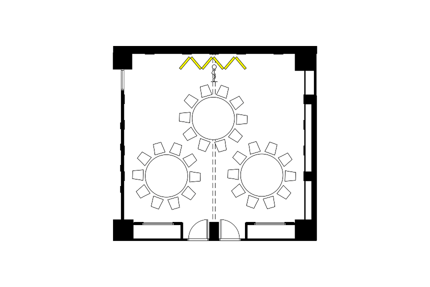 3つの円卓と椅子が配置された宴会場のレイアウト図。