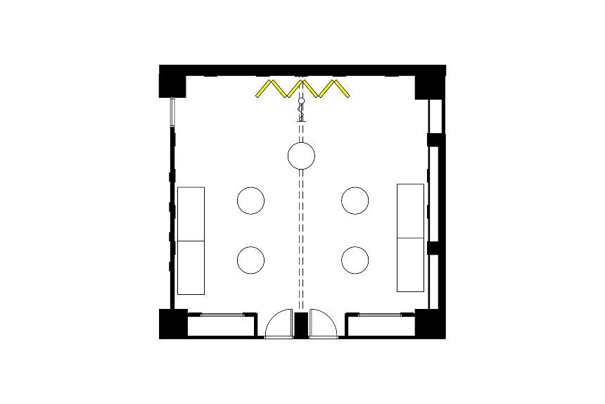 ビュッフェ形式に設営された宴会場のレイアウト図。