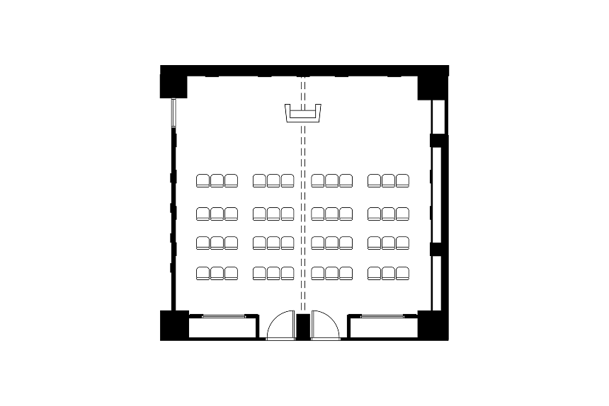 シアター形式に設営された会議室のレイアウト図。