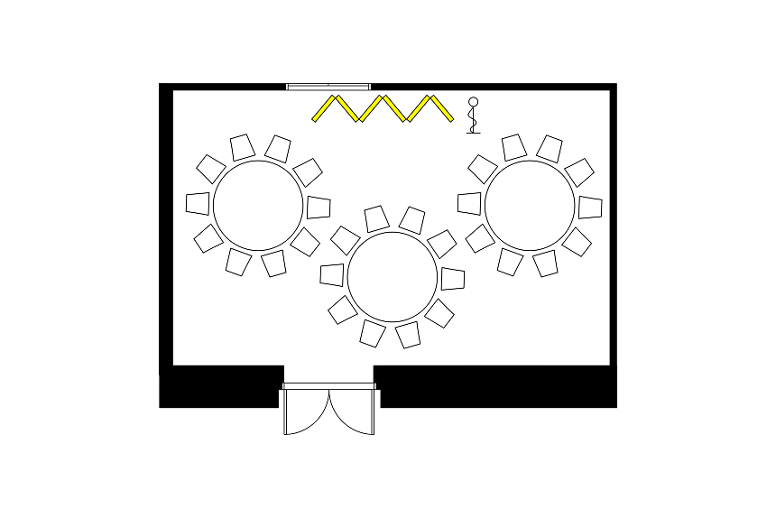 3つの円卓と椅子が配置された宴会場のレイアウト図。