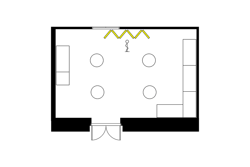 ビュッフェ形式に設営された宴会場のレイアウト図。