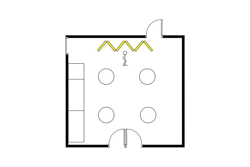 ビュッフェ形式に設営された宴会場のレイアウト図。