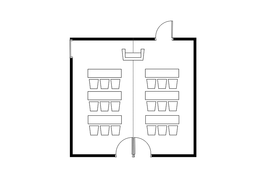 スクール形式に設営された会議室のレイアウト図。