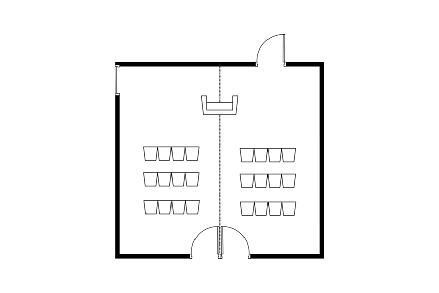シアター形式に設営された会議室のレイアウト図。