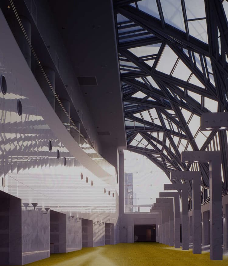 自然光が差し込む幾何学模様のガラス天井と現代建築のアトリウム