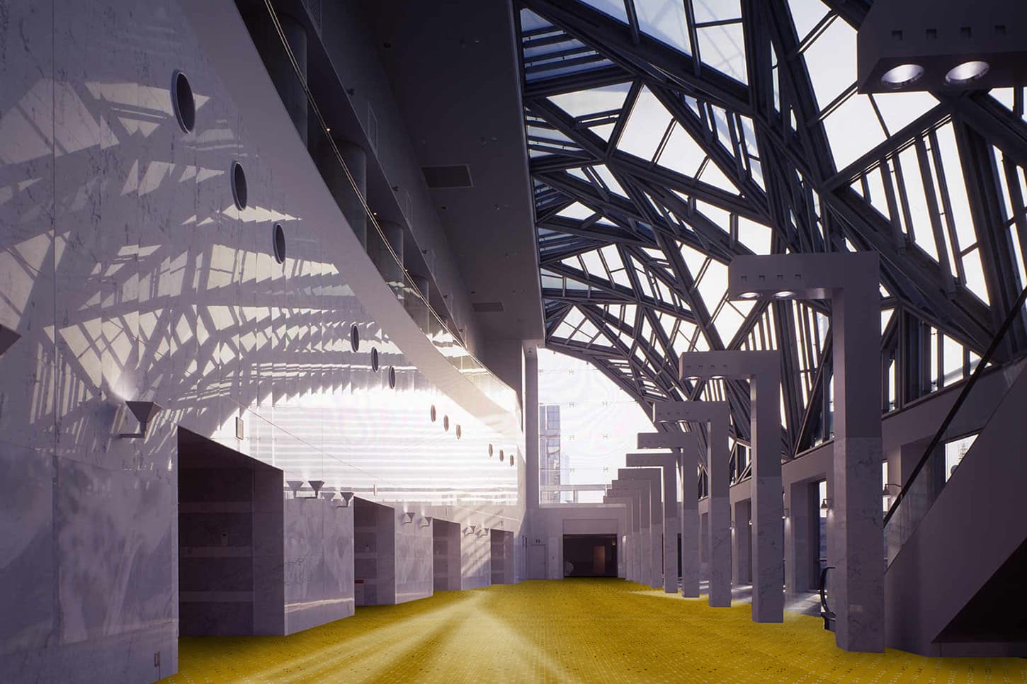 自然光が射し込む幾何学的なガラス屋根の通路