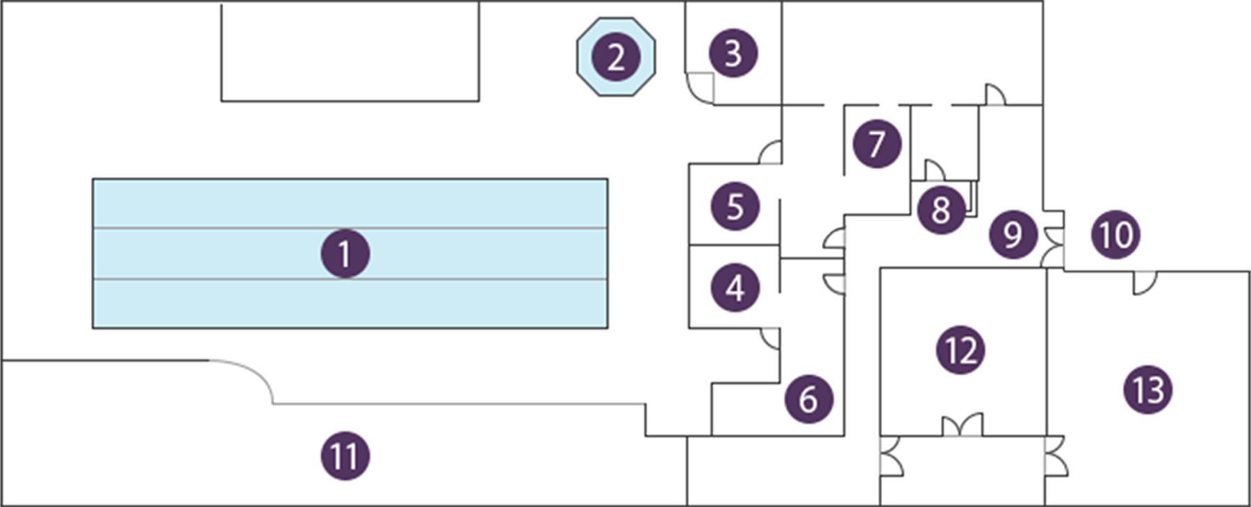 フロアマップです。図は長方形で、中央の広い水色の長方形のエリア1、その右にある八角形のエリア2、そしてそれらを取り囲むように並んだ複数の小部屋3から10、12、13、および長方形のエリア11が描かれています。各エリアには数字が振られています。エリア1は、マップ中央の大きな水色の長方形のエリアです。エリア2は、エリア1の右上にある小さな八角形のエリアです。エリア3から10は、エリア2の右に並ぶ小さな長方形の部屋です。エリア11は、エリア1の下にある大きな長方形のエリアです。エリア12は、エリア11とエリア10の間に位置する大きな部屋です。エリア13は、エリア12の右側にある部屋です。