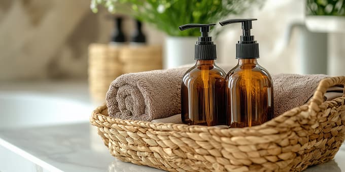 かごに入ったホテルのアメニティグッズ。