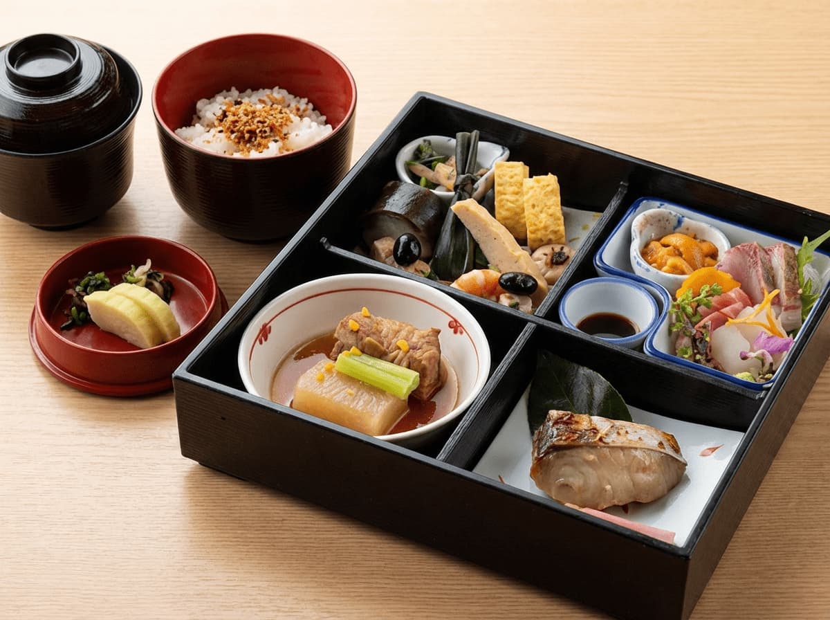 ご飯と吸い物、そして様々なおかずが詰まった和風のお弁当